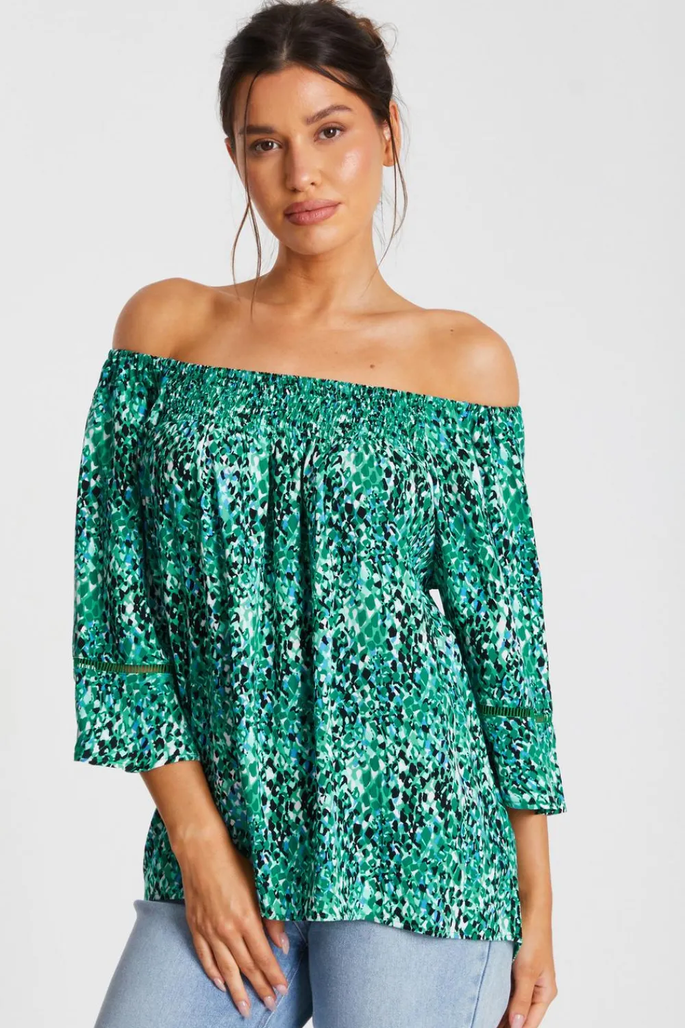 Quiz Bardot Tops|Tops>Green Leopard Print Bardot Top