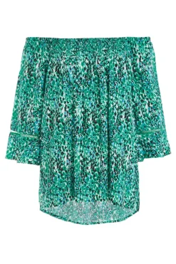 Quiz Bardot Tops|Tops>Green Leopard Print Bardot Top