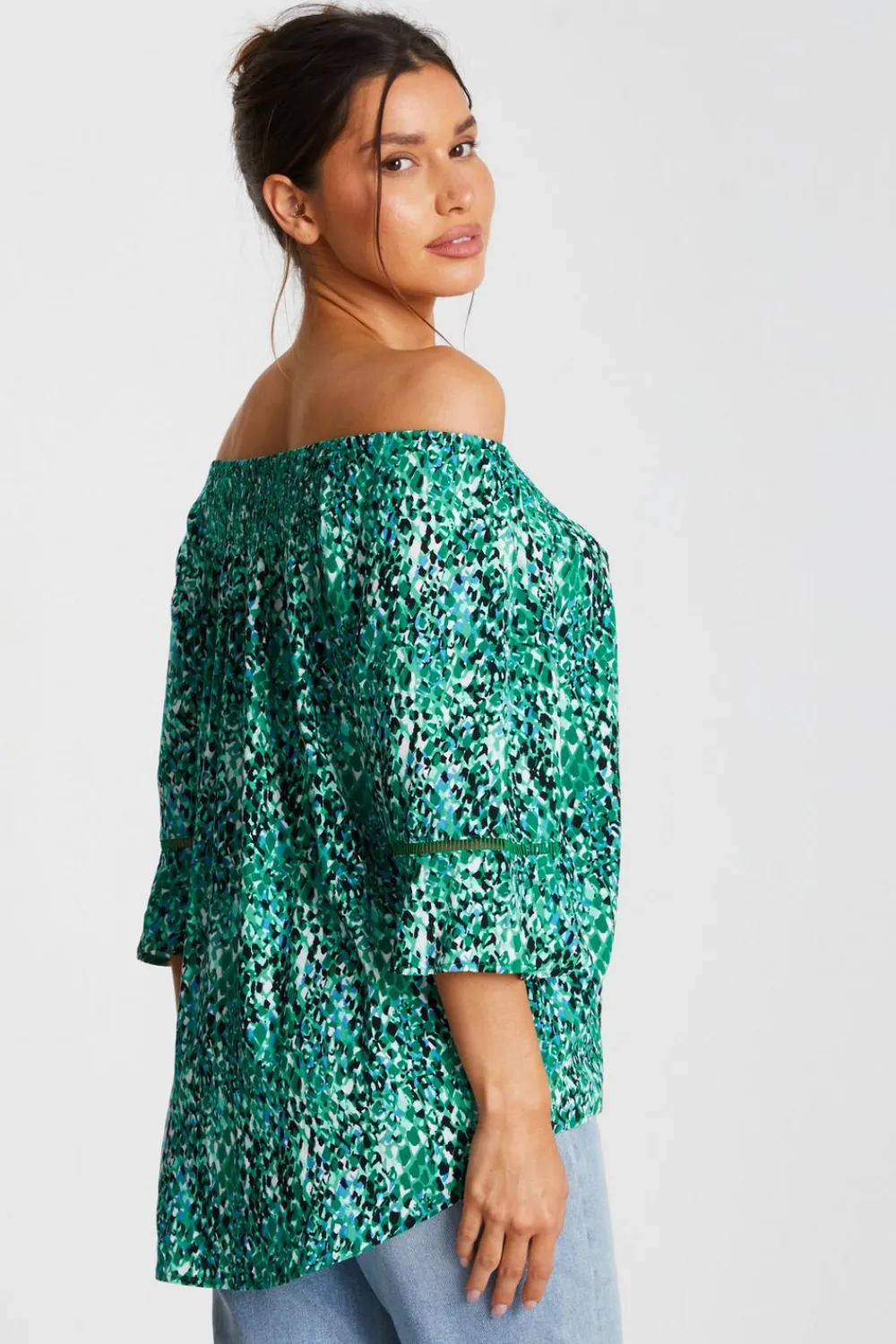Quiz Bardot Tops|Tops>Green Leopard Print Bardot Top
