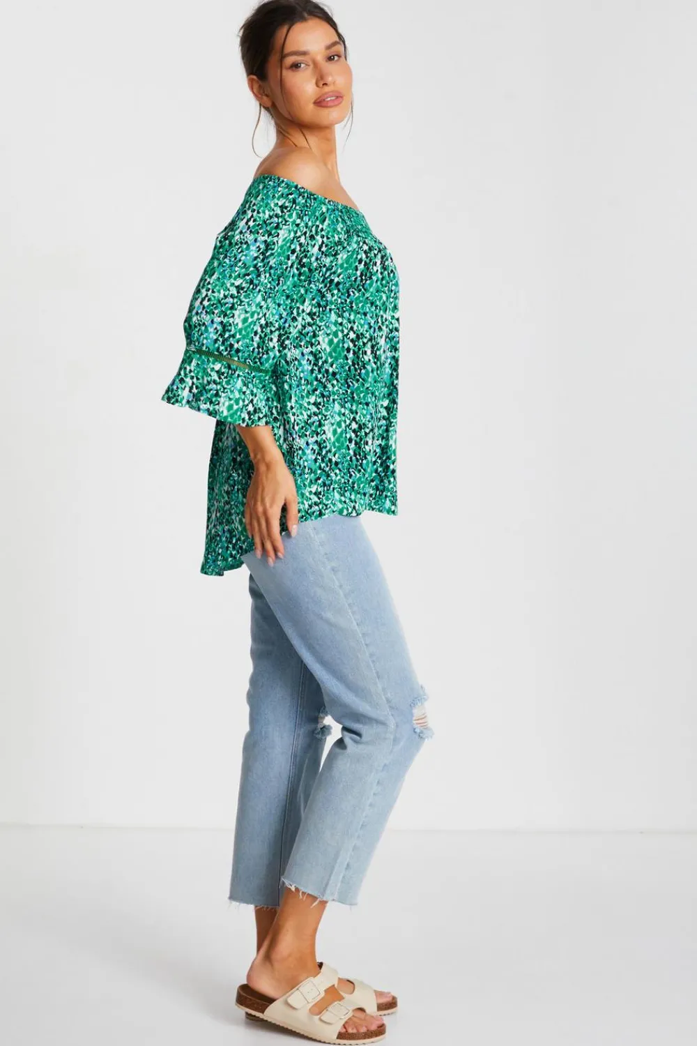 Quiz Bardot Tops|Tops>Green Leopard Print Bardot Top