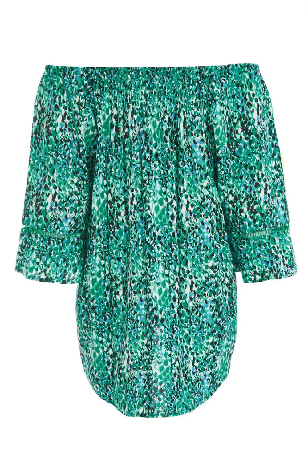 Quiz Bardot Tops|Tops>Green Leopard Print Bardot Top