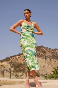 Quiz Christening Guest|Summer Dresses>Green Marble Print Cowl Neck Midaxi Dress