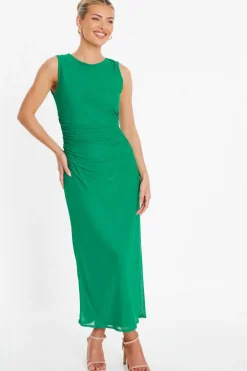 Quiz Evening Dresses|Maxi Dresses>Green Mesh Ruched Bodycon Midaxi Dress