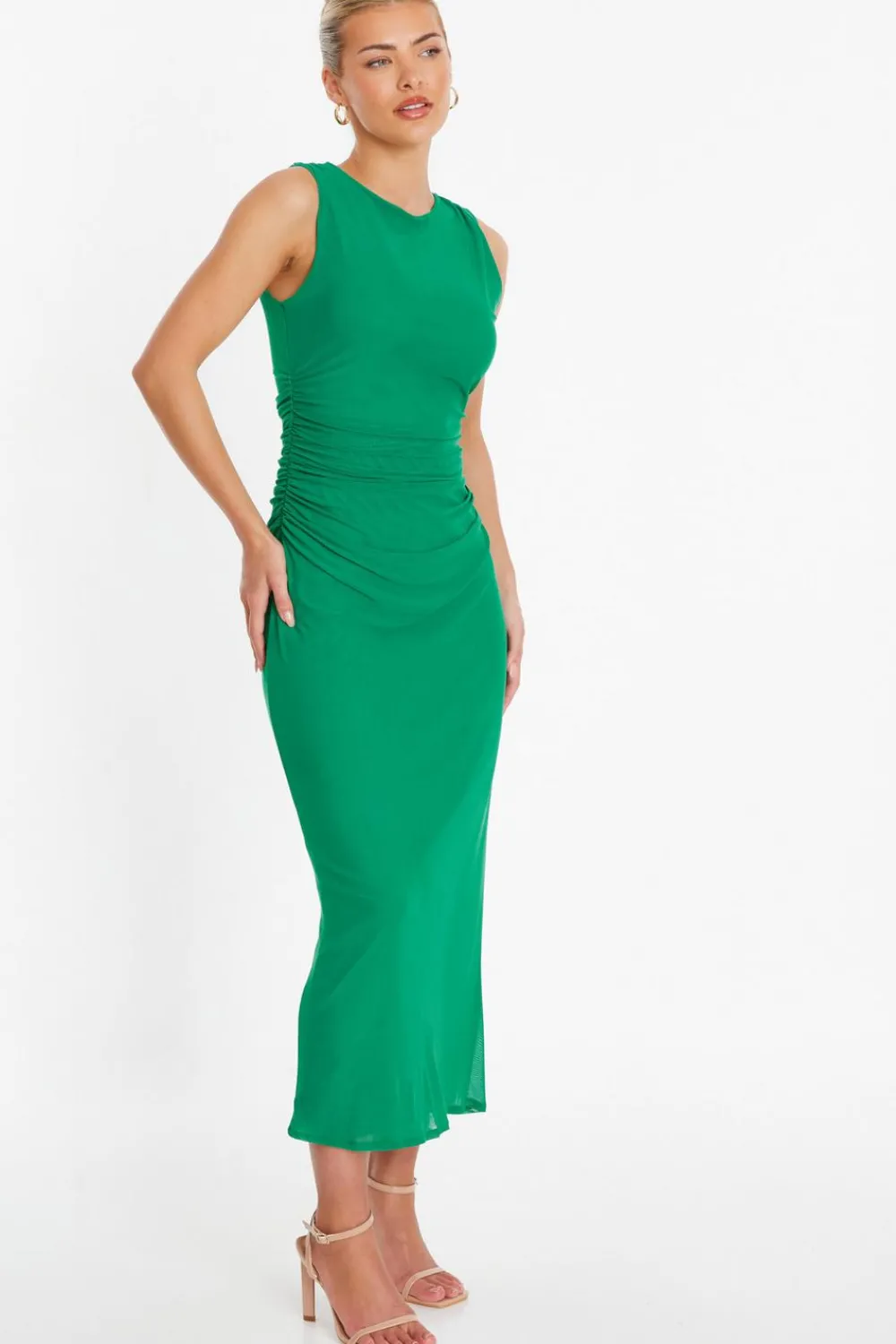 Quiz Evening Dresses|Maxi Dresses>Green Mesh Ruched Bodycon Midaxi Dress