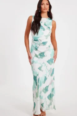 Quiz Evening Dresses|Day At The Races>Green Satin Marble Midaxi Dress