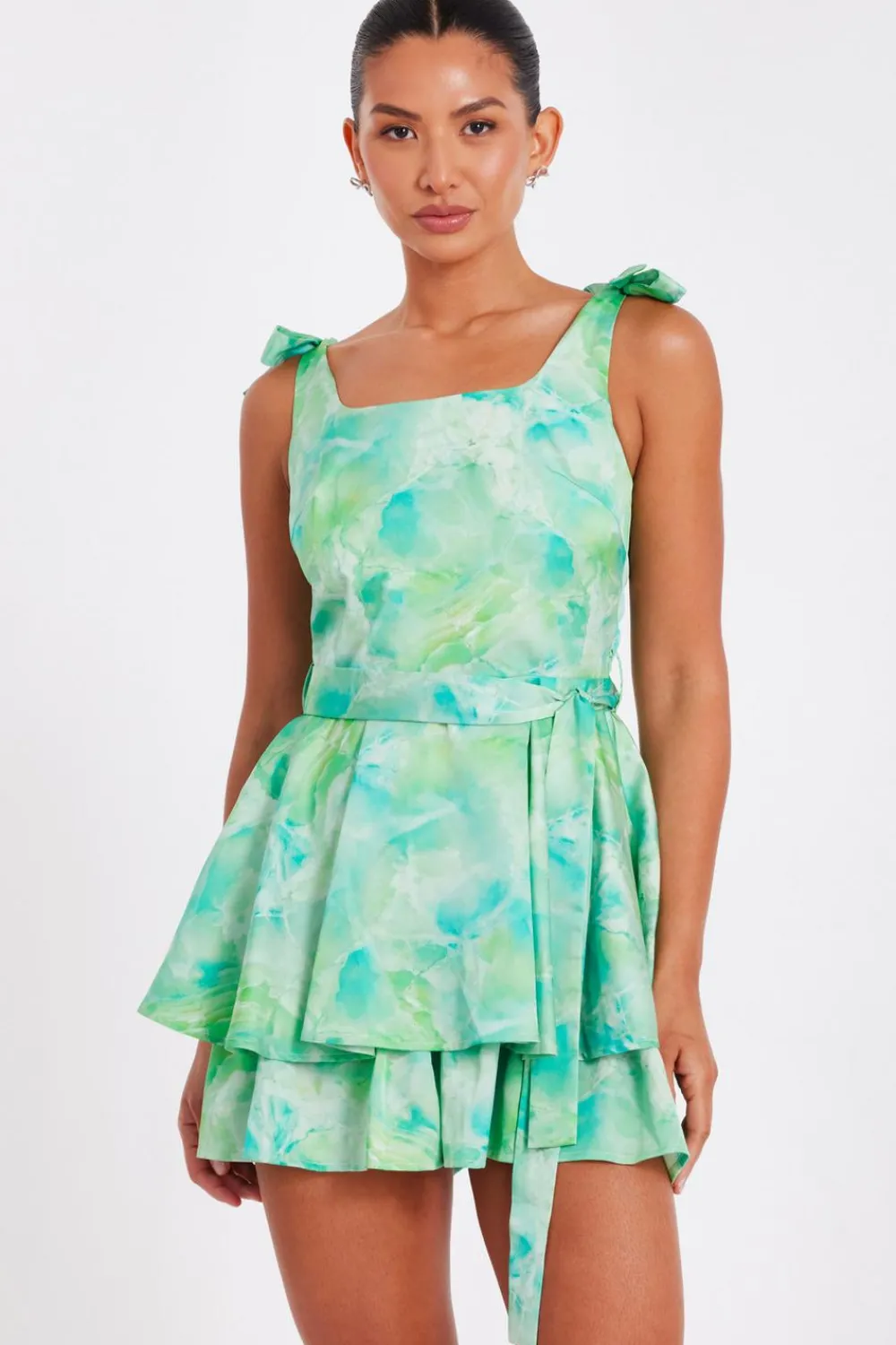 Quiz Playsuits|Day At The Races>Green Tie Dye Bow Strap Playsuit