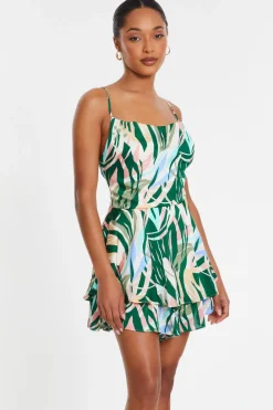 Quiz Playsuits|Summer Clothes>Green Tropical Print Satin Playsuit