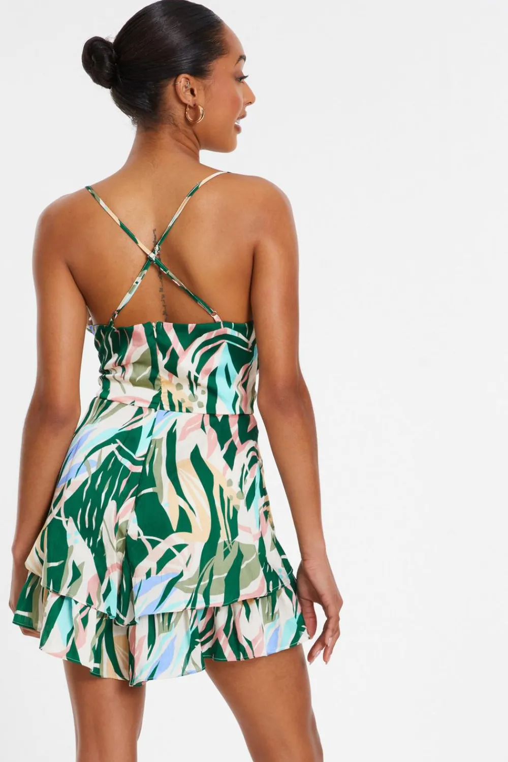 Quiz Playsuits|Summer Clothes>Green Tropical Print Satin Playsuit