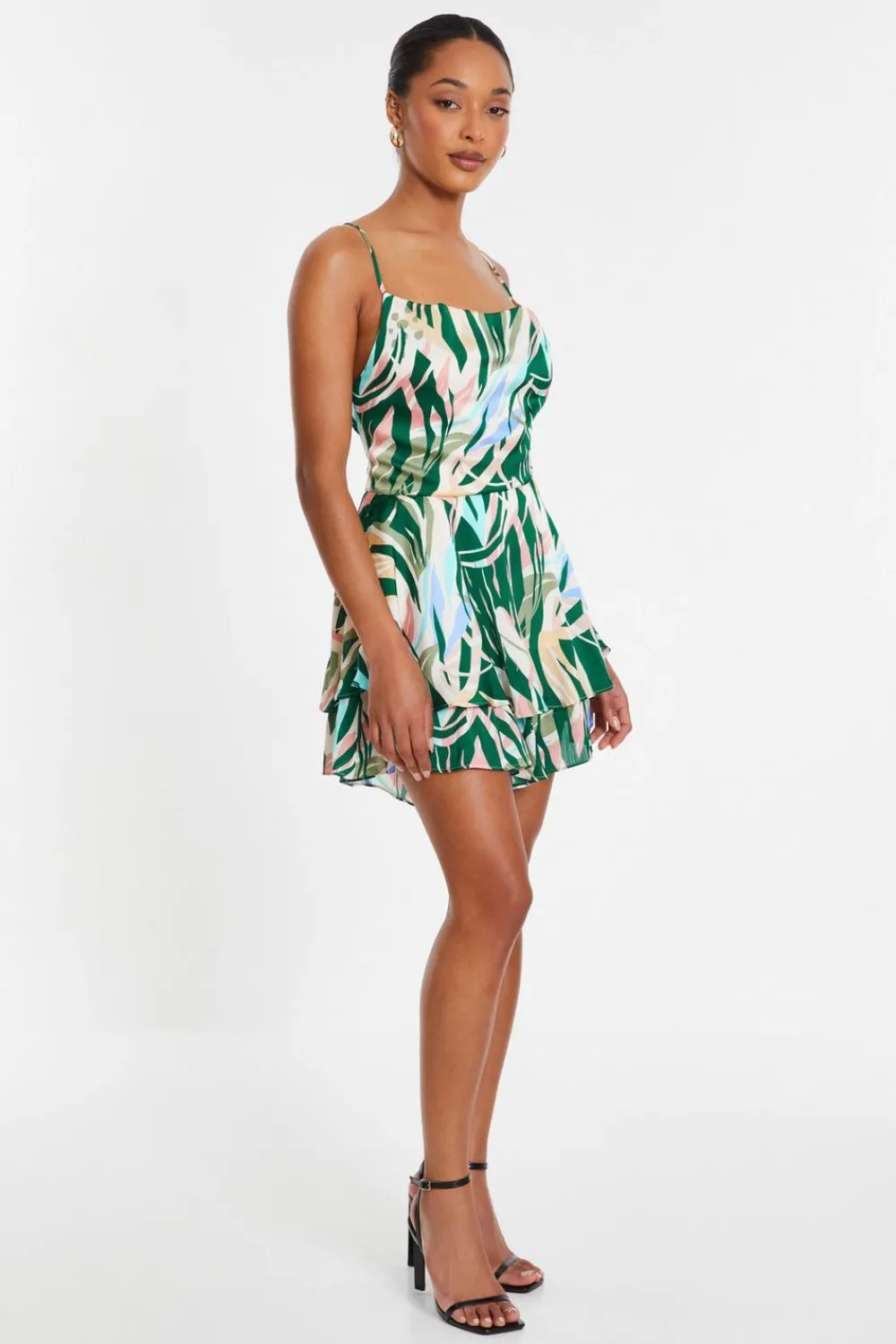 Quiz Playsuits|Summer Clothes>Green Tropical Print Satin Playsuit