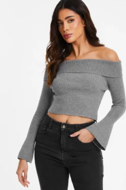 Quiz Crop Tops|Bardot Tops>Grey Ribbed Bardot Jumper