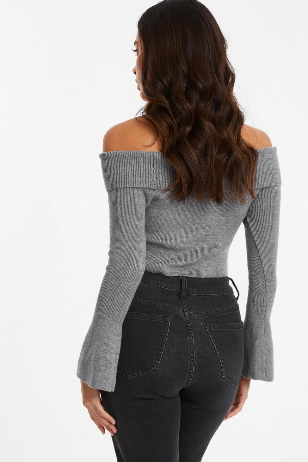 Quiz Crop Tops|Bardot Tops>Grey Ribbed Bardot Jumper