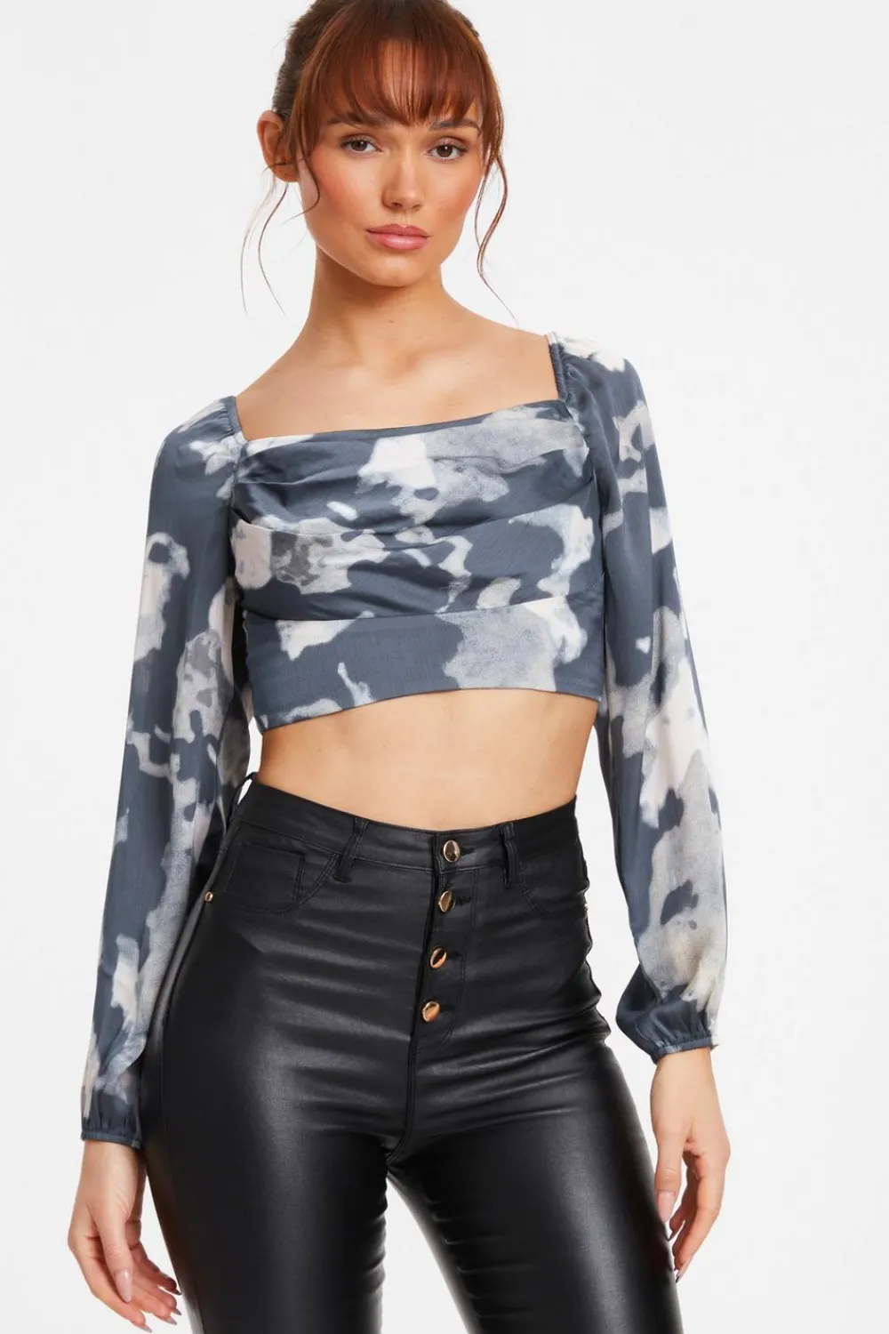 Quiz Going Out Tops|Crop Tops>Grey Satin Smudge Print Cropped Top
