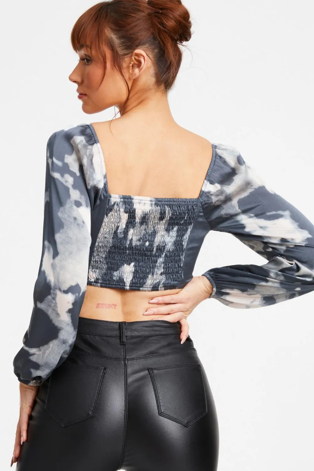 Quiz Going Out Tops|Crop Tops>Grey Satin Smudge Print Cropped Top