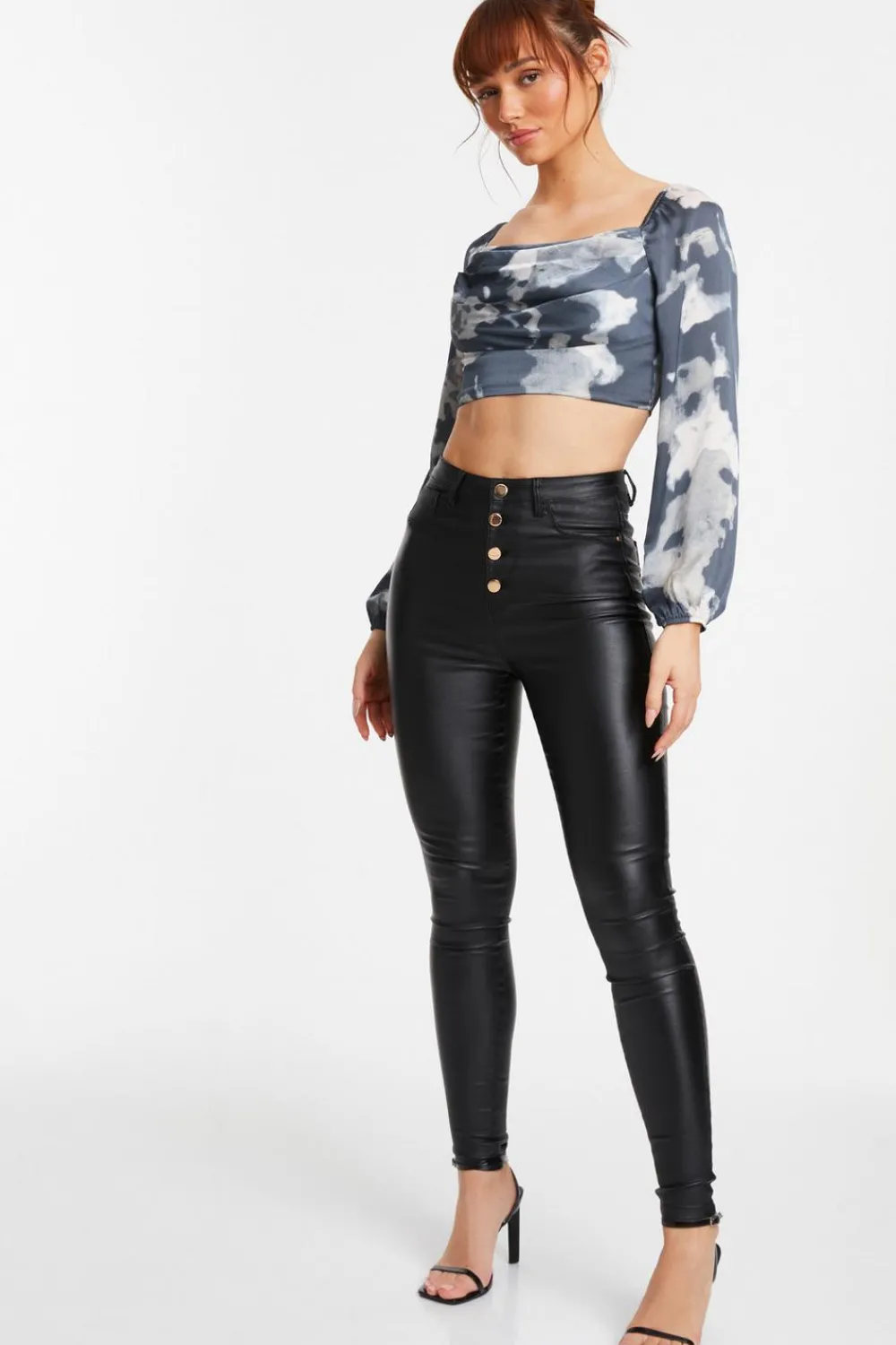 Quiz Going Out Tops|Crop Tops>Grey Satin Smudge Print Cropped Top