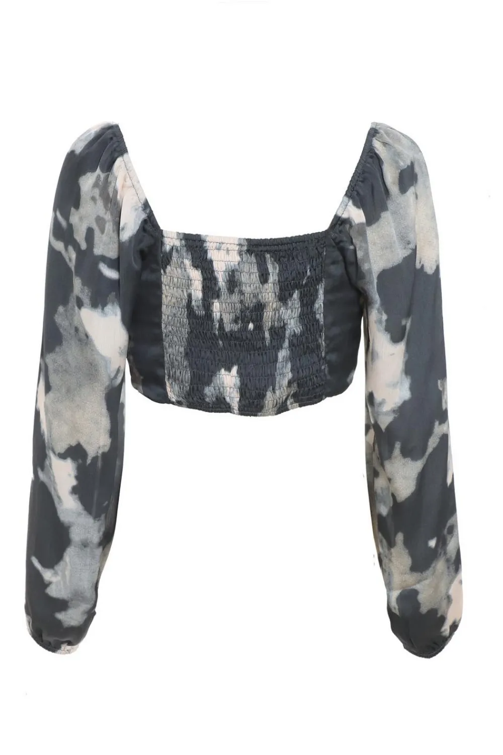 Quiz Going Out Tops|Crop Tops>Grey Satin Smudge Print Cropped Top