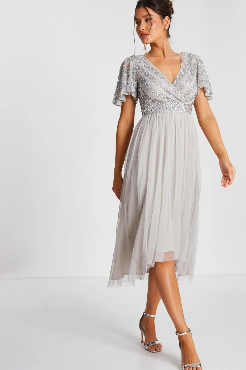 Quiz Evening Dresses|Wrap Dresses>Grey Sequin Wrap Tulle Midi Dress