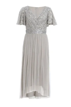 Quiz Evening Dresses|Wrap Dresses>Grey Sequin Wrap Tulle Midi Dress