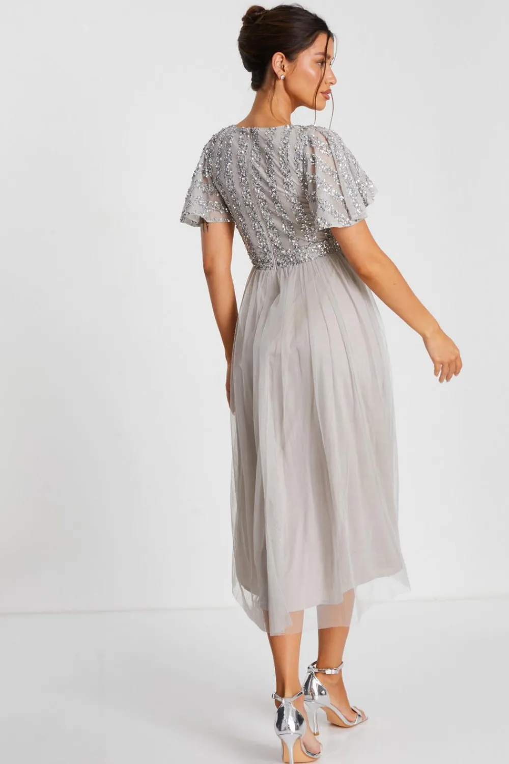 Quiz Evening Dresses|Wrap Dresses>Grey Sequin Wrap Tulle Midi Dress