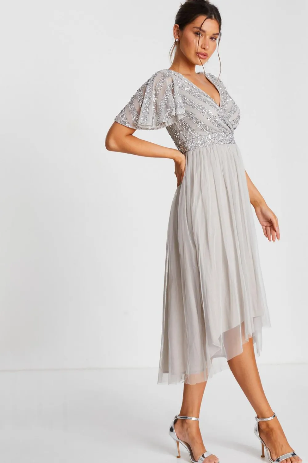 Quiz Evening Dresses|Wrap Dresses>Grey Sequin Wrap Tulle Midi Dress