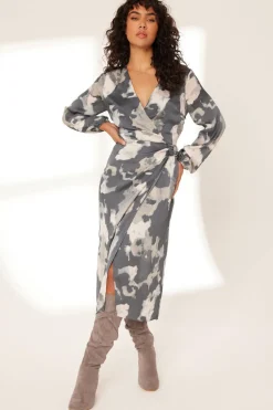 Quiz Workwear|Wrap Dresses>Grey Smudge Print Wrap Midi Dress
