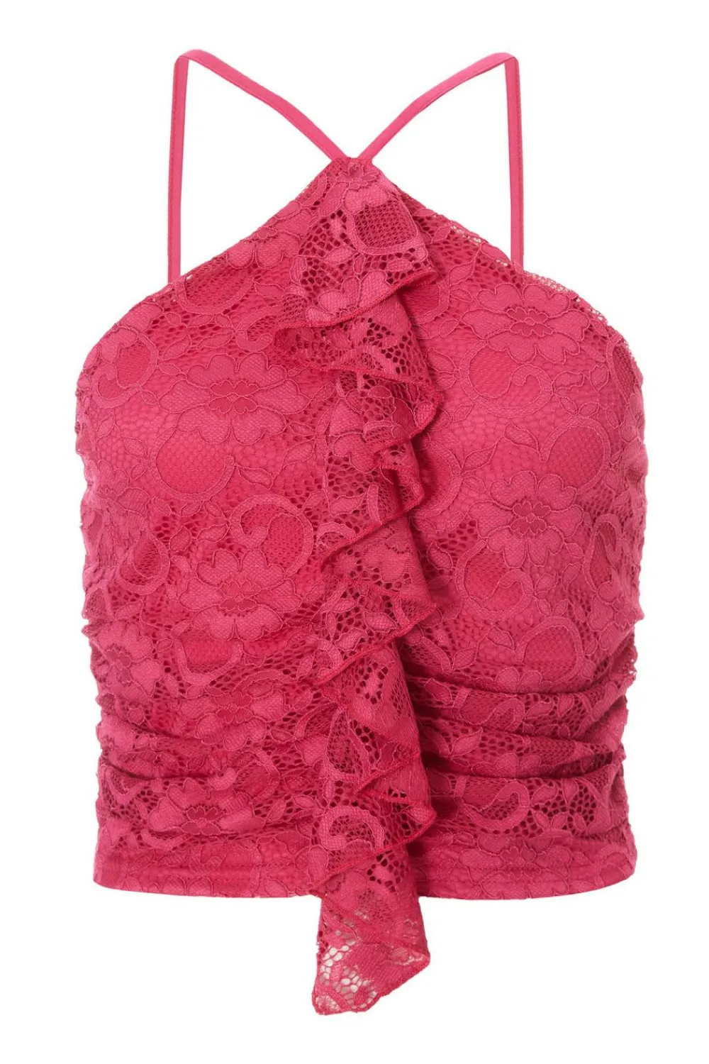 Quiz Summer Tops|Going Out Tops>Hot Pink Lace Crop Top