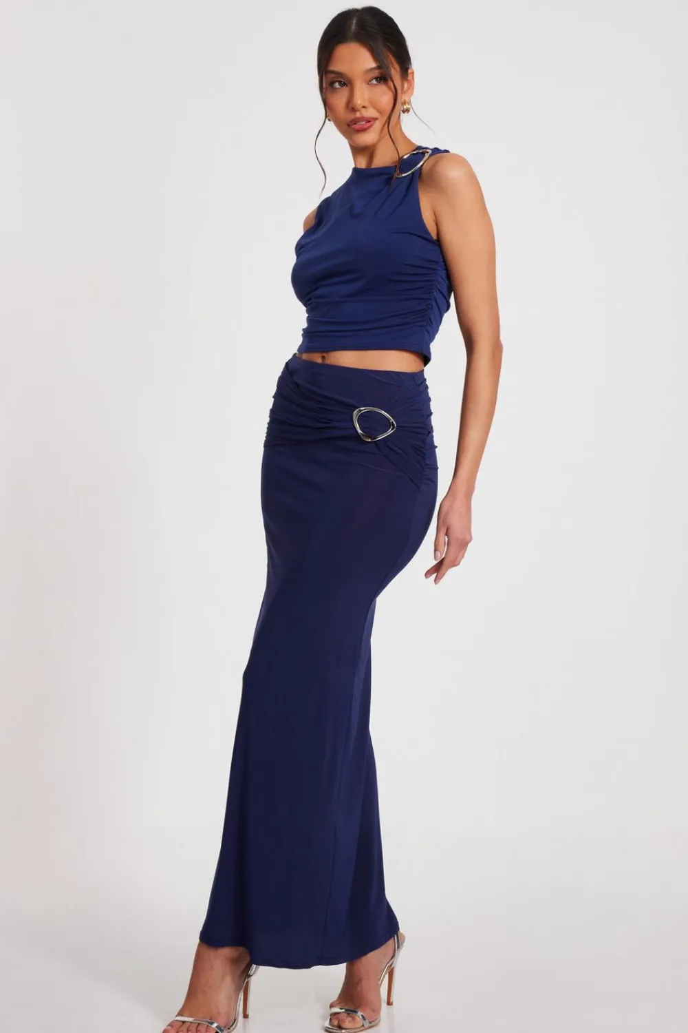 Quiz Going Out Tops|Crop Tops>Indigo Buckle Detail Cropped Top