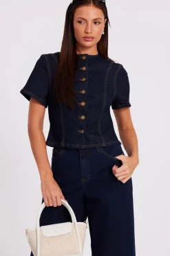 Quiz Going Out Tops|Day Tops>Indigo Denim Button Front Top