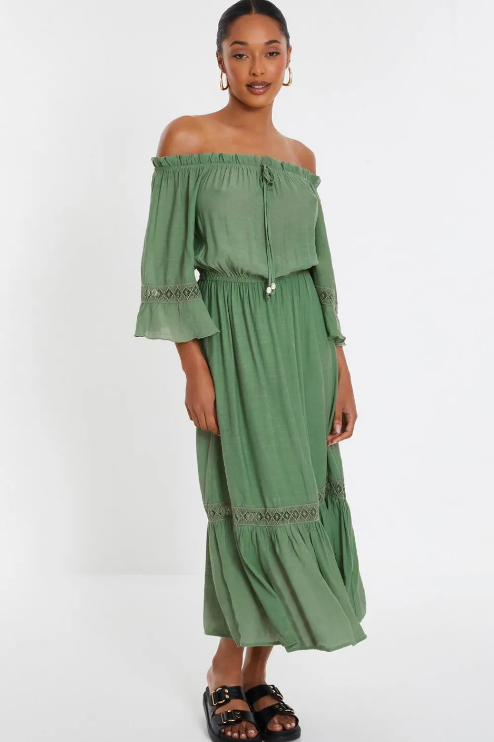 Quiz Crochet|Casual Clothing>Khaki Bardot Crochet Midaxi Dress