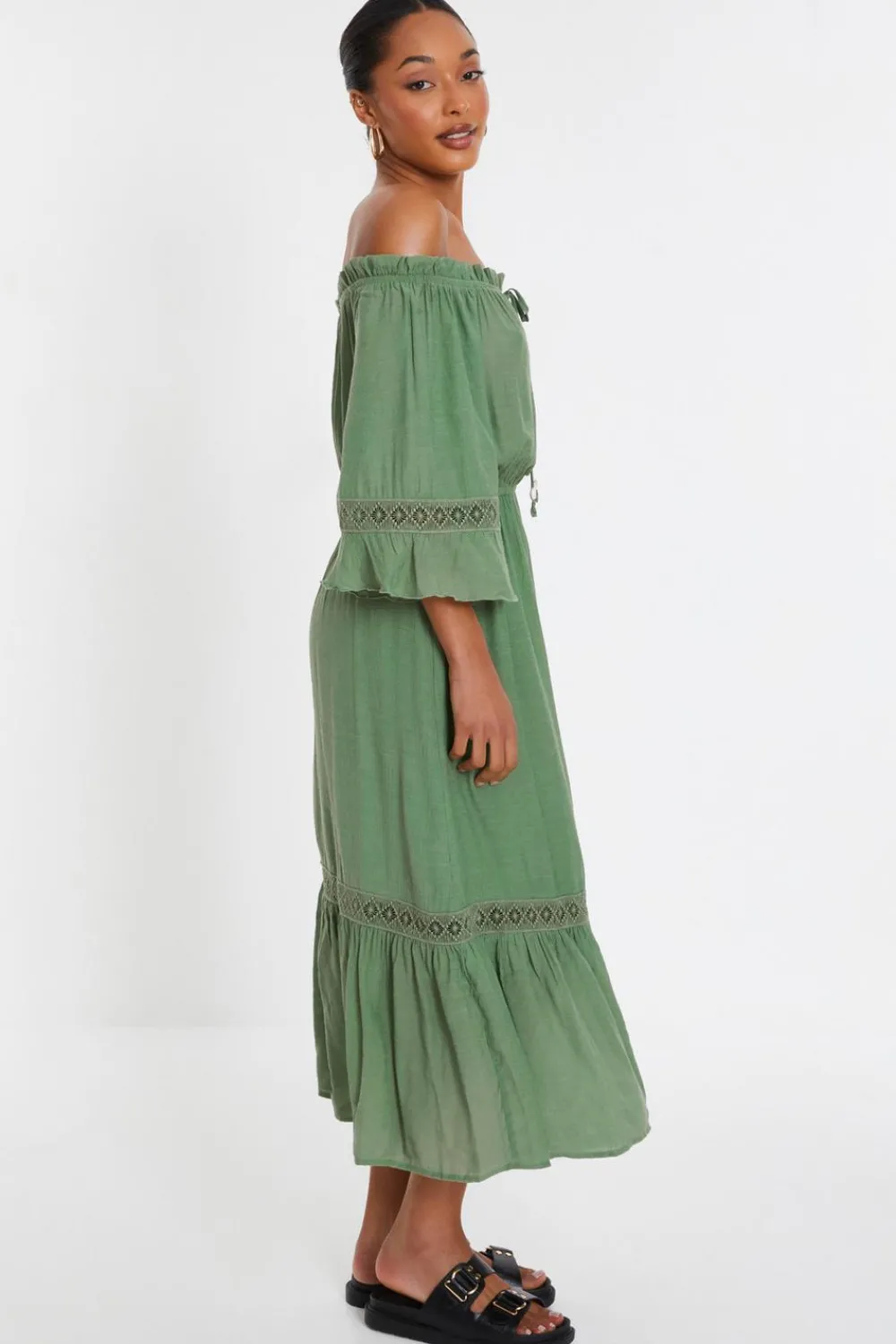 Quiz Crochet|Casual Clothing>Khaki Bardot Crochet Midaxi Dress