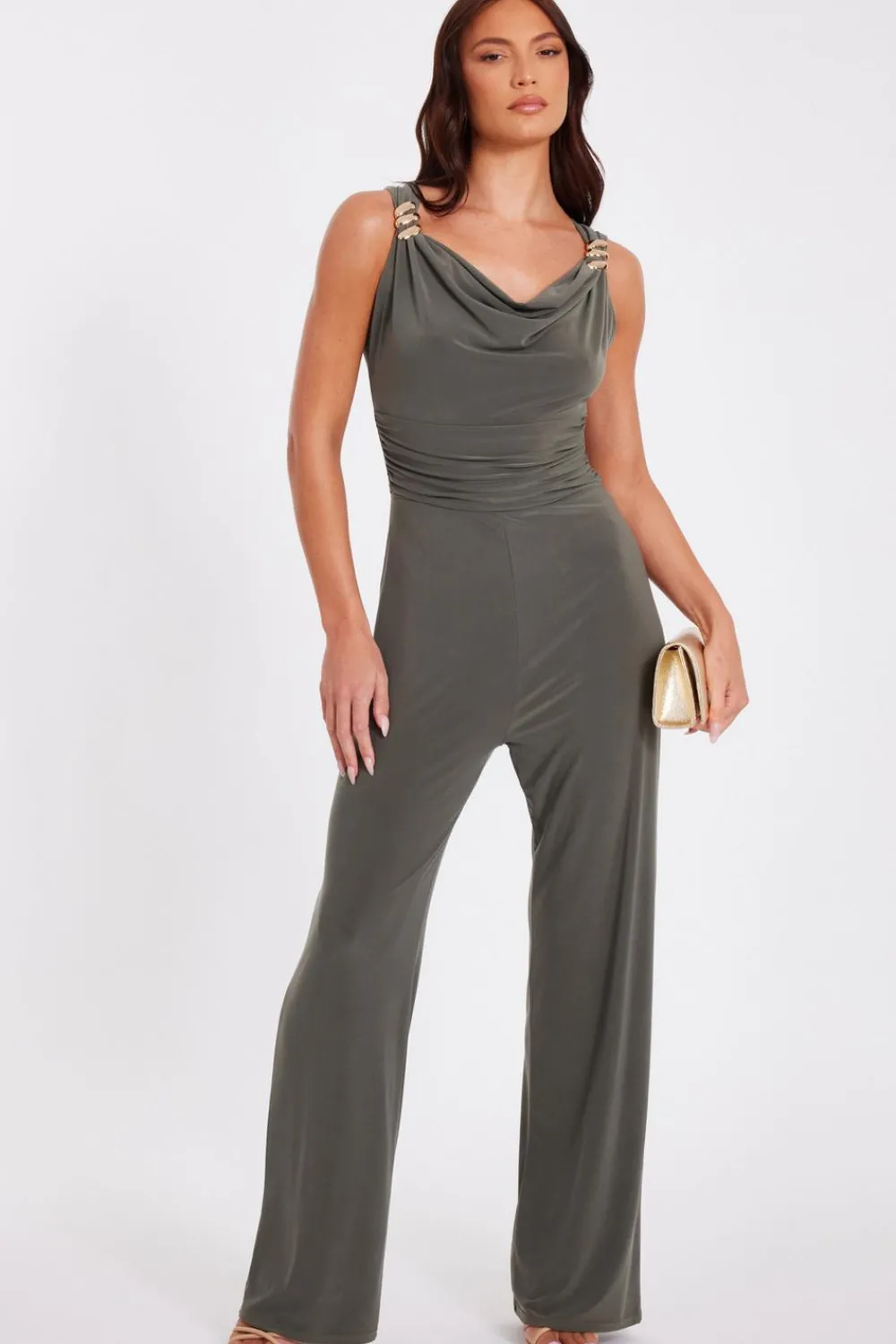 Quiz Going Out Jumpsuits|Evening Jumpsuits>Khaki Buckle Detail Jumpsuit