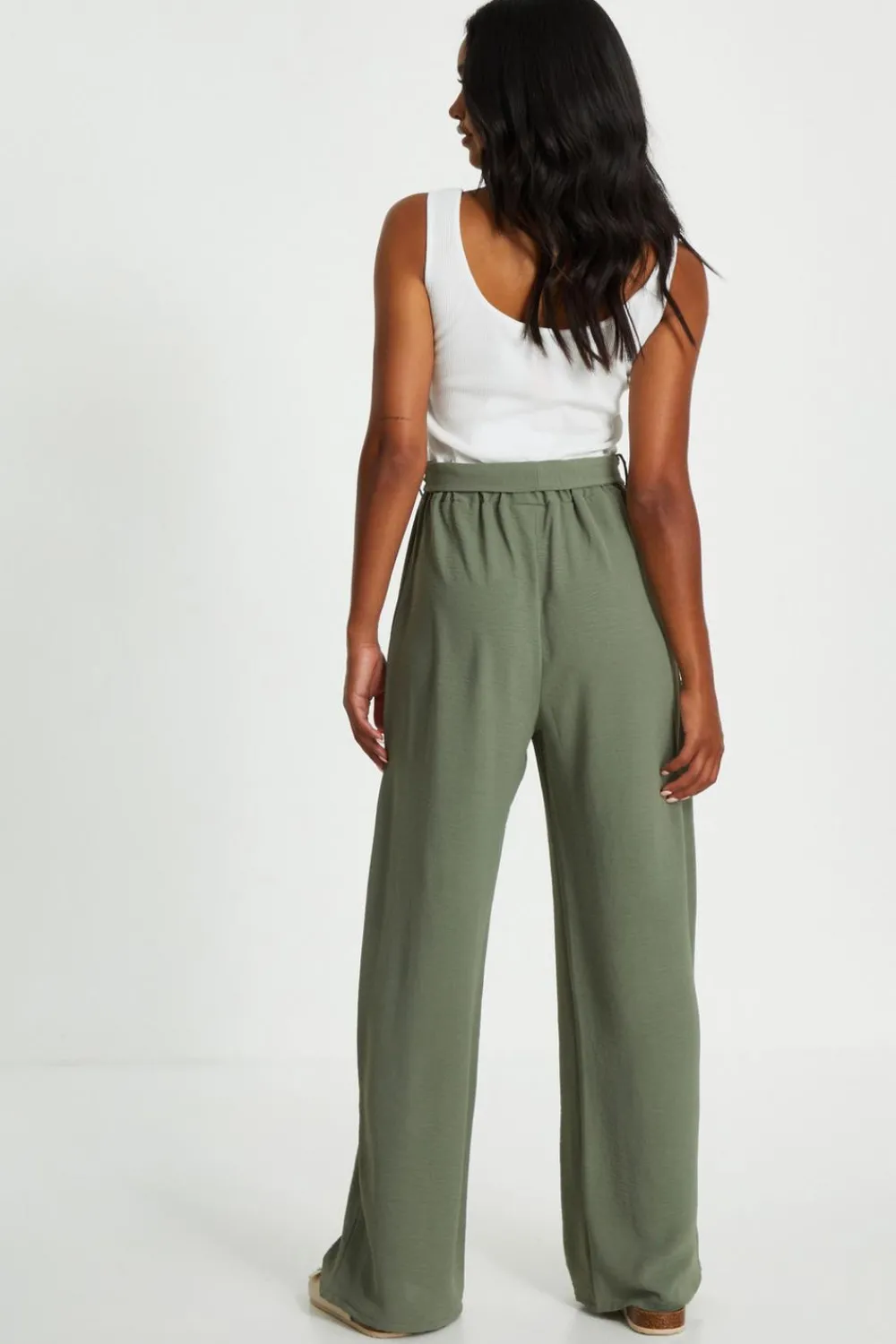 Quiz Summer Jumpsuits|Summer Clothes>Khaki Contrast Ribbed Palazzo Jumpsuit