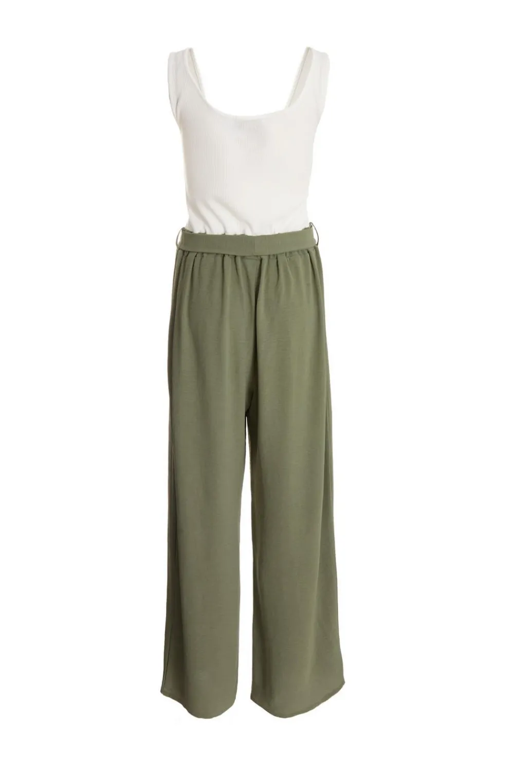 Quiz Summer Jumpsuits|Summer Clothes>Khaki Contrast Ribbed Palazzo Jumpsuit