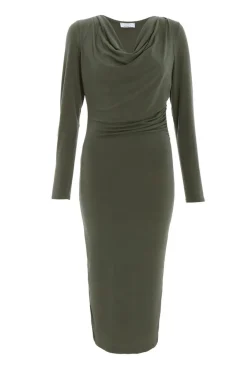 Quiz Green Dresses|Going Out Dresses>Khaki Cowl Neck Bodycon Midi Dress