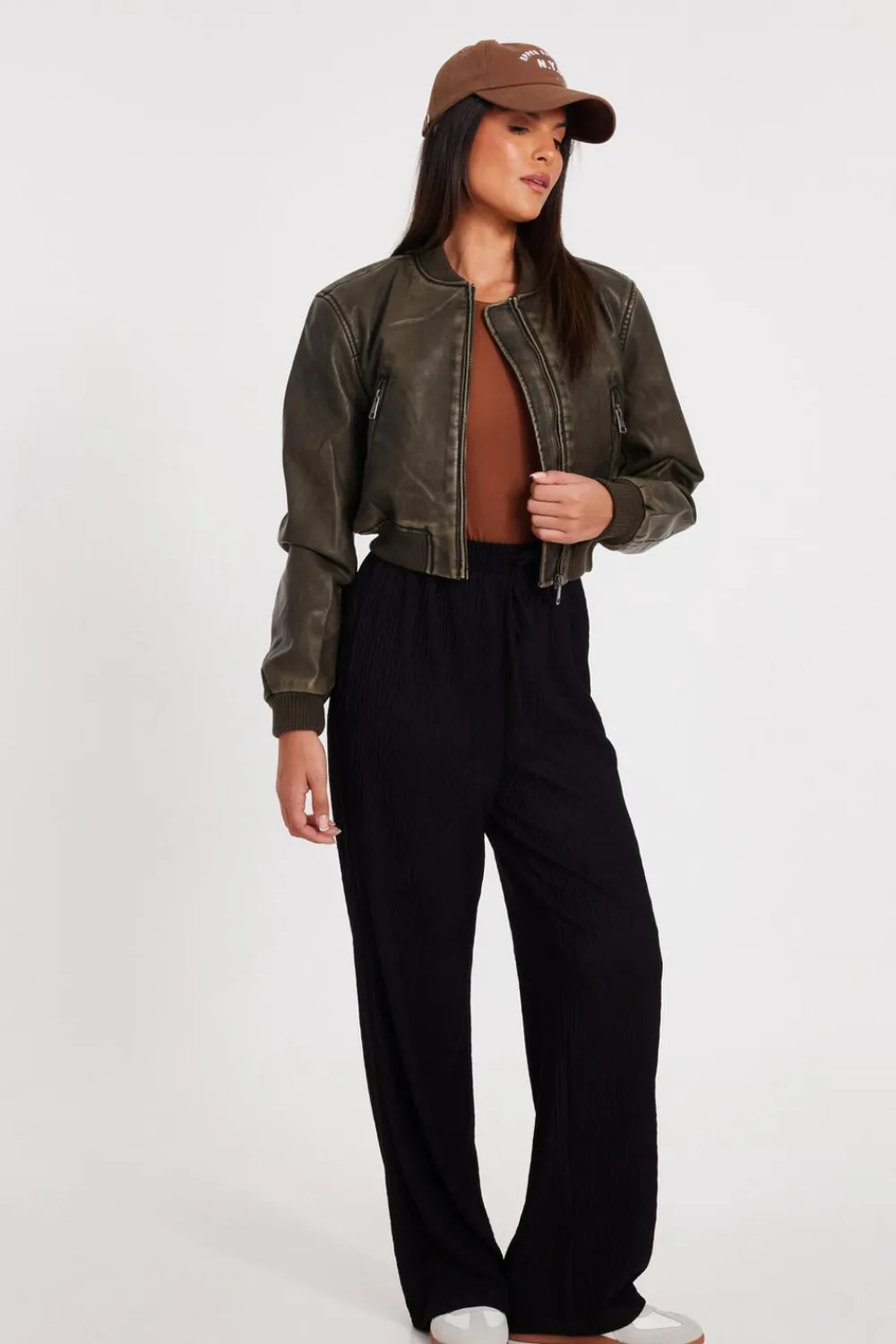 Quiz Modest|Jackets & Coats>Khaki Faux Leather Bomber Jacket