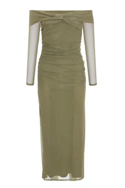 Quiz Midi Dresses|Green Dresses>Khaki Mesh Twist Bardot Midaxi Dress