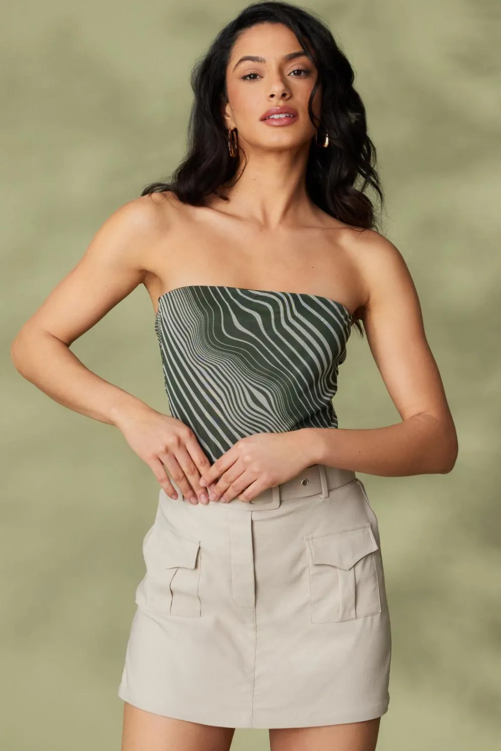Quiz Bodysuits|Tops>Khaki Mesh Wave Strapless Bodysuit