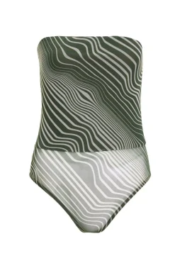 Quiz Bodysuits|Tops>Khaki Mesh Wave Strapless Bodysuit