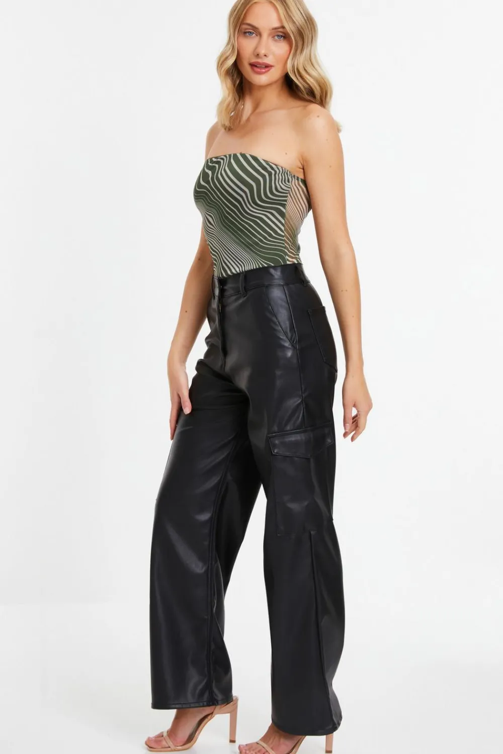 Quiz Bodysuits|Tops>Khaki Mesh Wave Strapless Bodysuit
