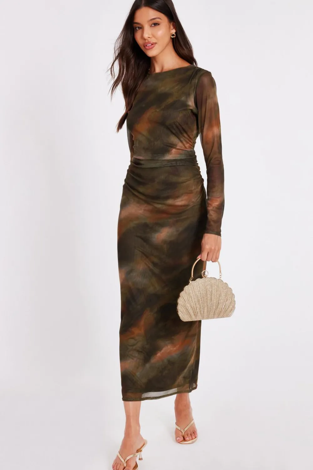 Quiz Going Out|Dresses>Khaki Printed Long Sleeve Midaxi Dress