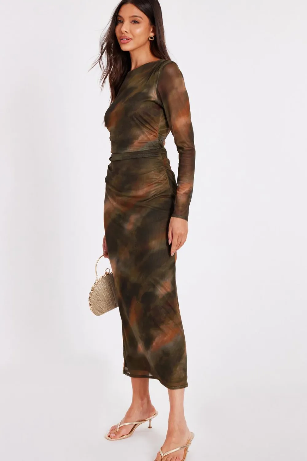 Quiz Going Out|Dresses>Khaki Printed Long Sleeve Midaxi Dress