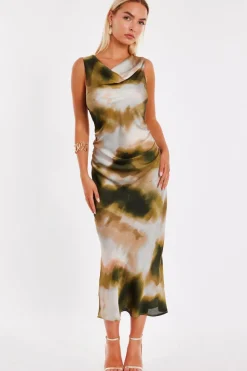 Quiz Day At The Races|Christening Guest>Khaki Printed Satin Midaxi Dress