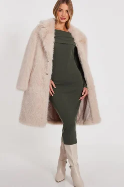 Quiz Workwear|Knitwear>Khaki Ribbed Bardot Midi Dress