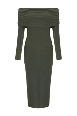 Quiz Workwear|Knitwear>Khaki Ribbed Bardot Midi Dress