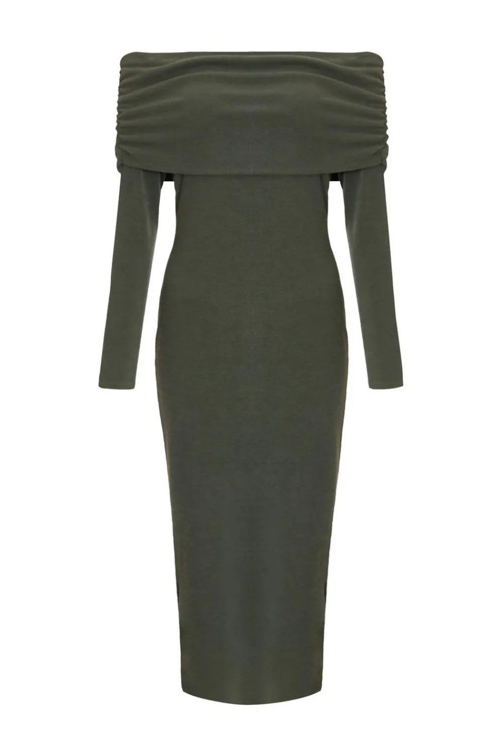 Quiz Workwear|Knitwear>Khaki Ribbed Bardot Midi Dress