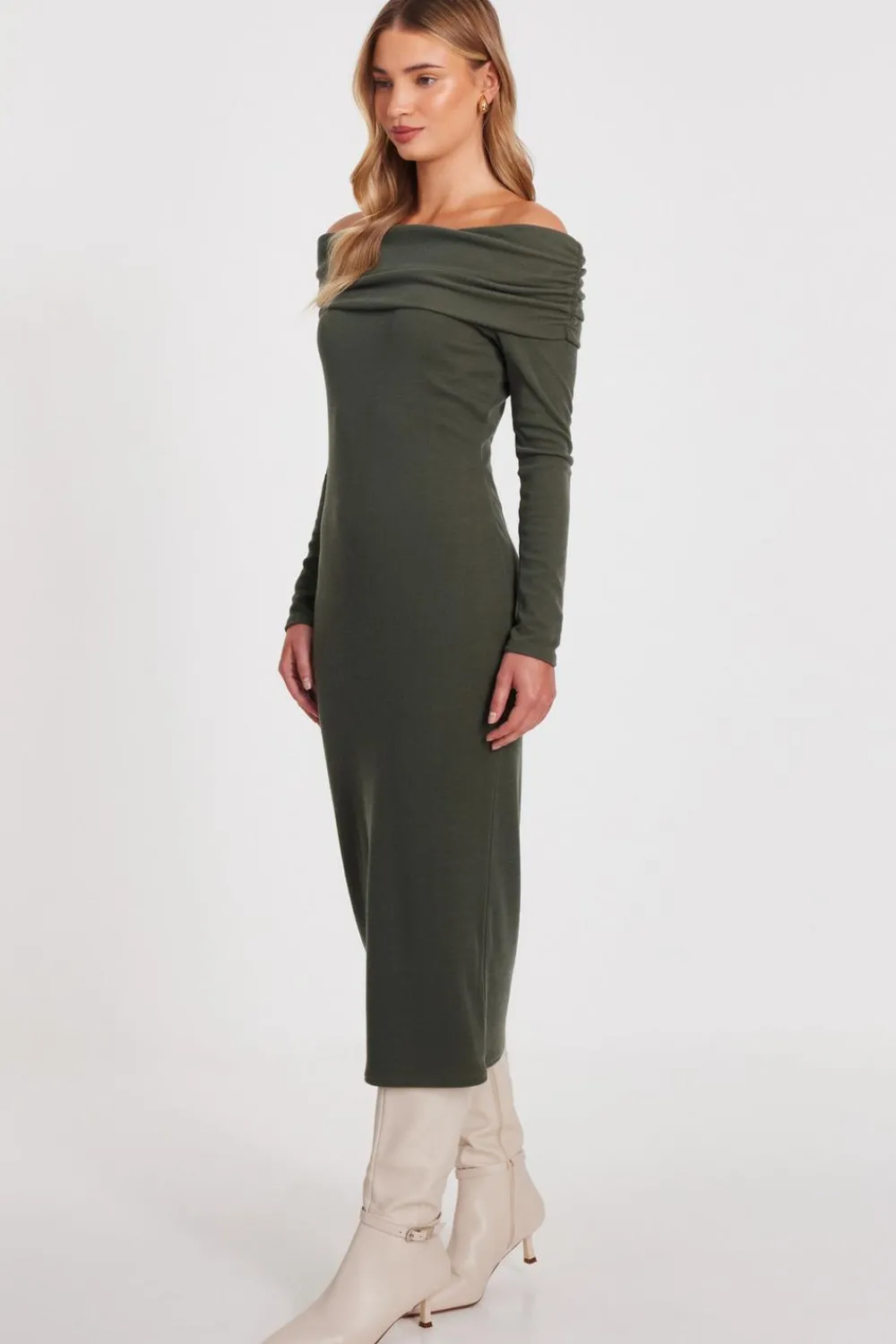 Quiz Workwear|Knitwear>Khaki Ribbed Bardot Midi Dress