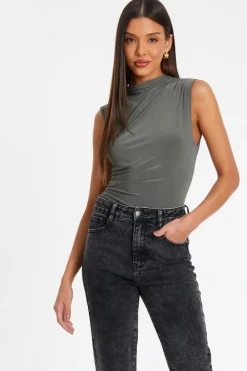 Quiz Day Tops|Bodysuits>Khaki Ruched Sleeveless Bodysuit