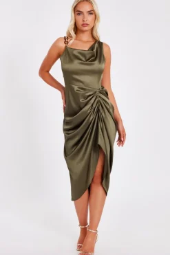 Quiz Day At The Races|Christening Guest>Khaki Satin Ruched Midi Dress