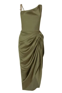 Quiz Day At The Races|Christening Guest>Khaki Satin Ruched Midi Dress