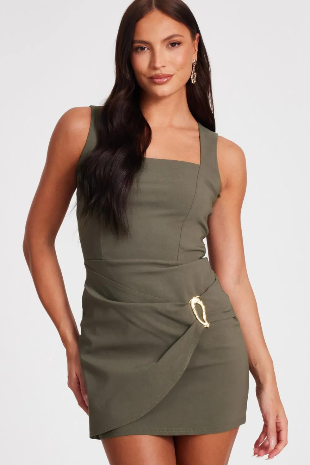 Quiz Going Out|Dresses>Khaki Square Neck Mini Dress