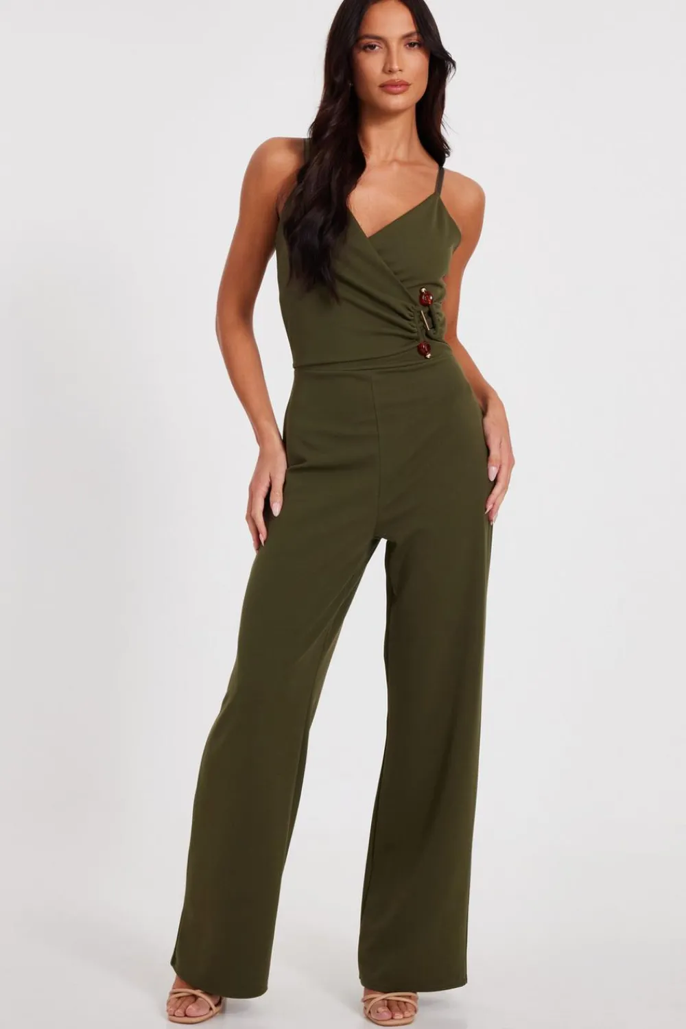 Quiz Summer Jumpsuits|Going Out Jumpsuits>Khaki Strappy Buckle Detail Jumpsuit